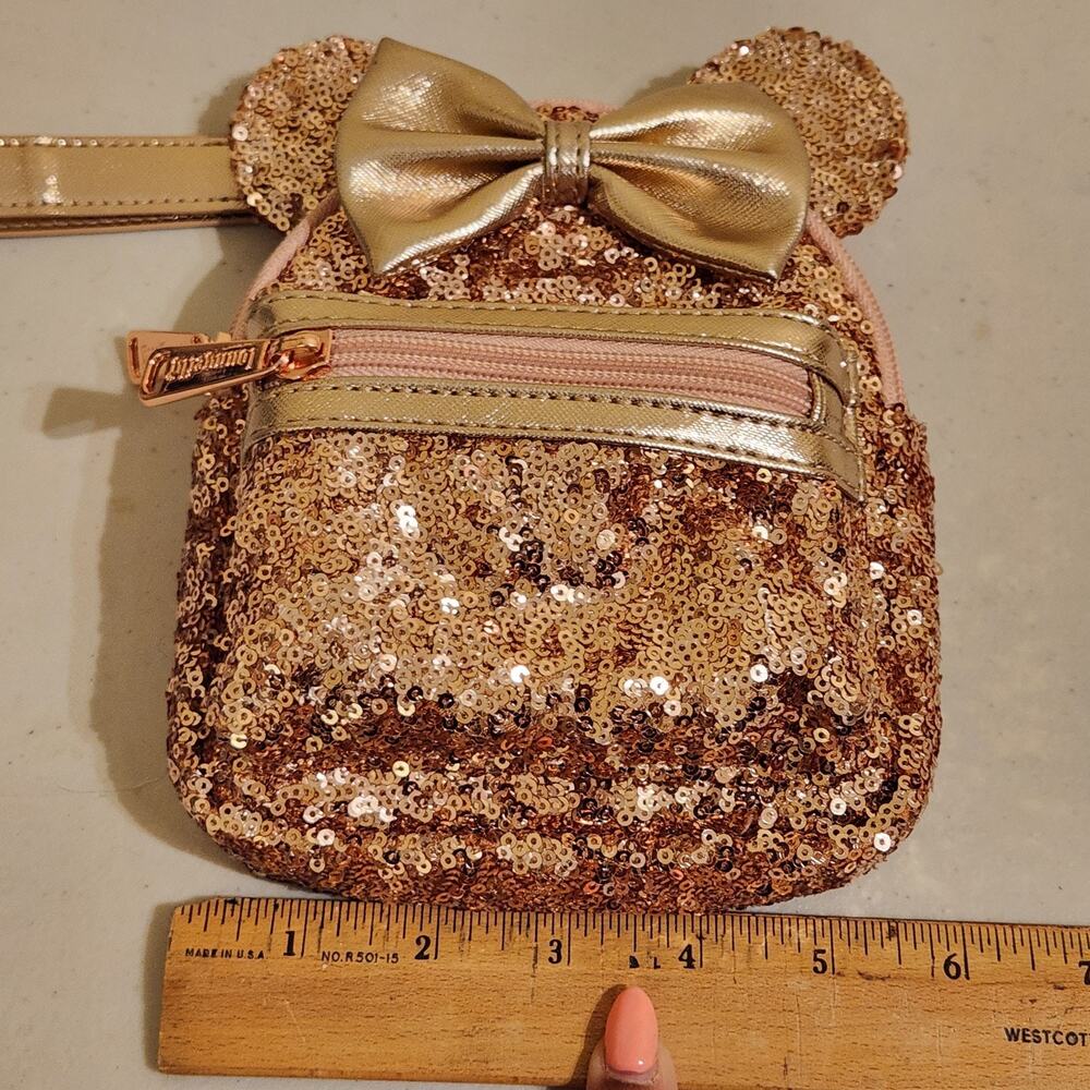 Loungefly Disney Parks Rose Gold Sequin Mini Backpack Wristlet Minnie Lux Bag - Picture 7 of 8